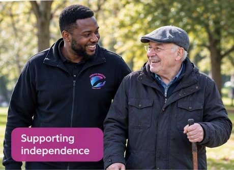 A support worker and older person enjoying time outdoors